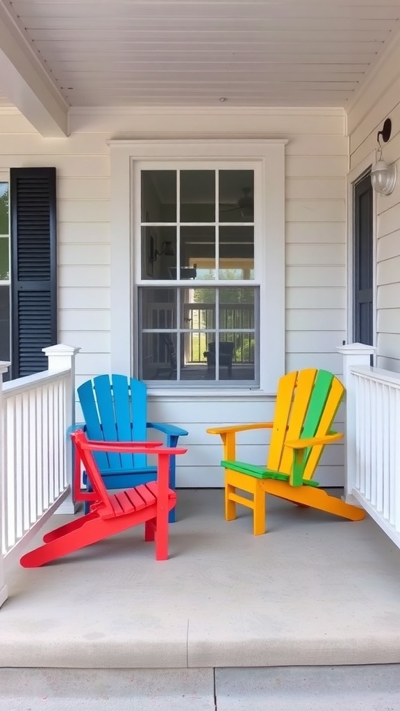 Brightly colored Adirondack chairs in blue, yellow, and green on a small front porch.