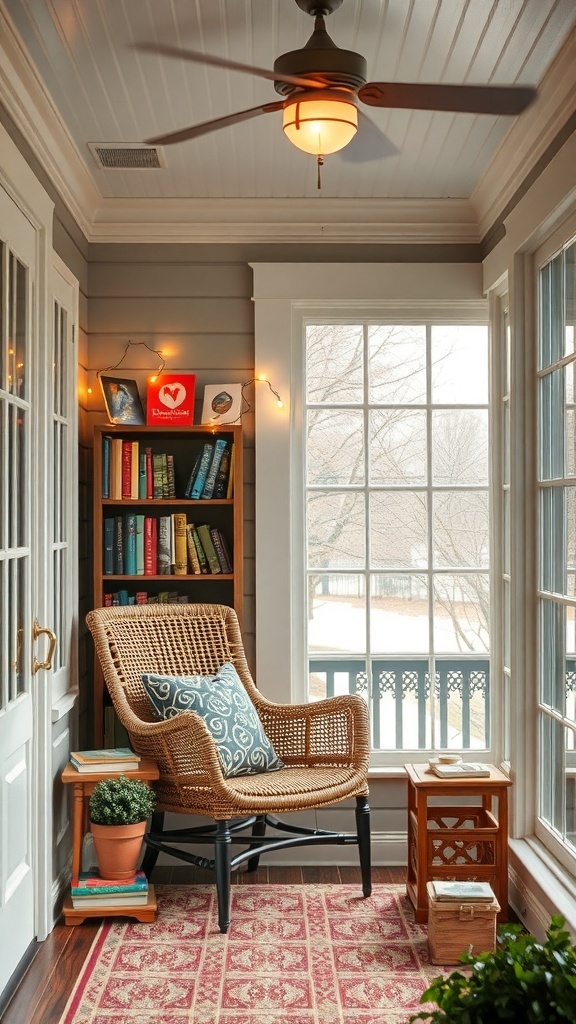 Cozy reading nook with wicker chair, bookshelf, and plants in a three-season porch.
