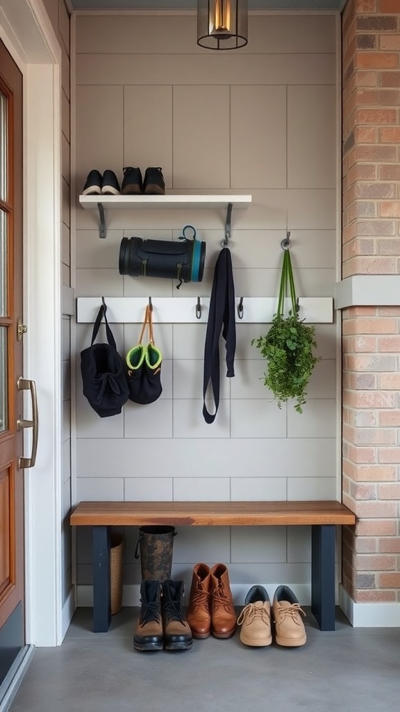 A small front porch with wall-mounted storage solutions including shelves, hooks, and a bench.