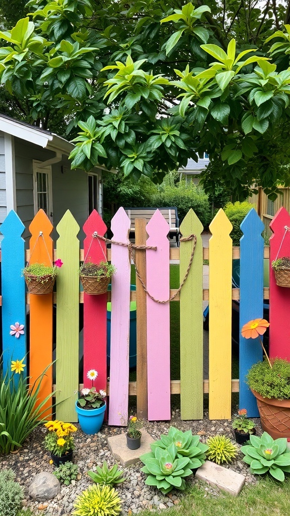 A colorful painted fence with pink, blue, green, and orange panels, adorned with flower pots and surrounded by plants.