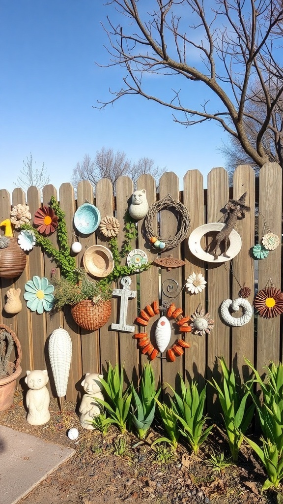 A wooden fence decorated with various garden art pieces, including flowers, animals, and other ornaments, with green plants at the base.