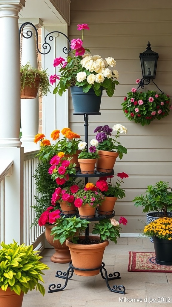 A tiered plant stand filled with colorful flowers on a porch.