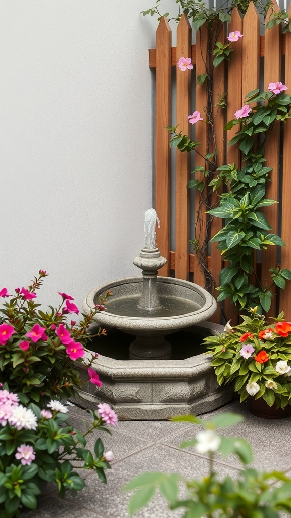A charming fountain surrounded by colorful flowers and a wooden fence.