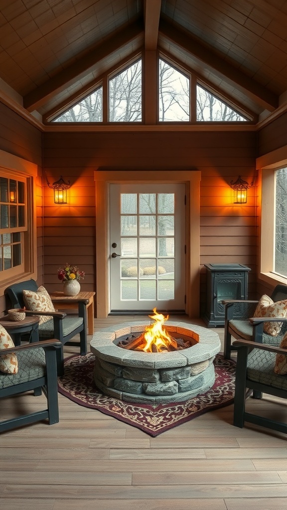 Cozy three-season porch with a small stone fire pit and comfortable seating.