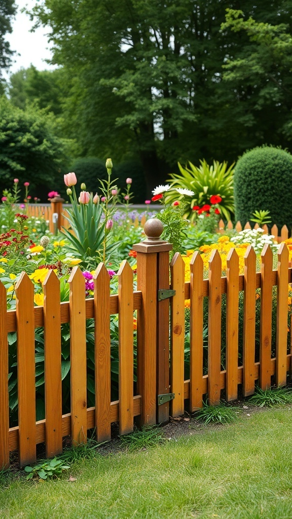 A classic wooden picket fence surrounding a colorful flower garden.