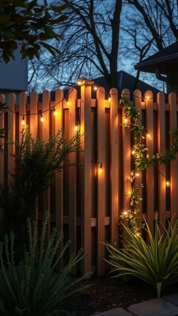A wooden fence illuminated with warm string lights, surrounded by plants in a garden at dusk.