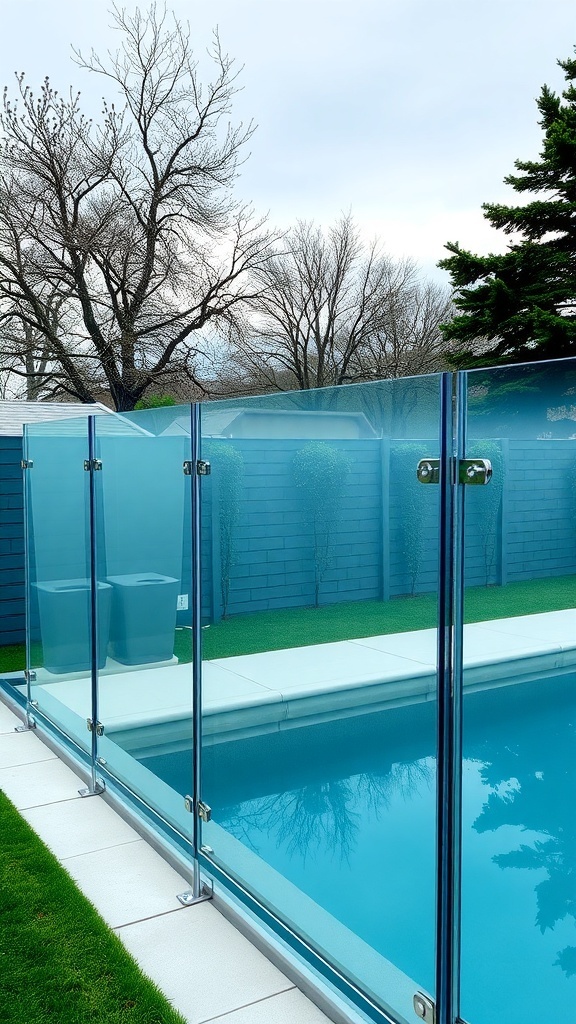 A contemporary glass fence surrounding a pool area, showcasing clear panels and a modern design.
