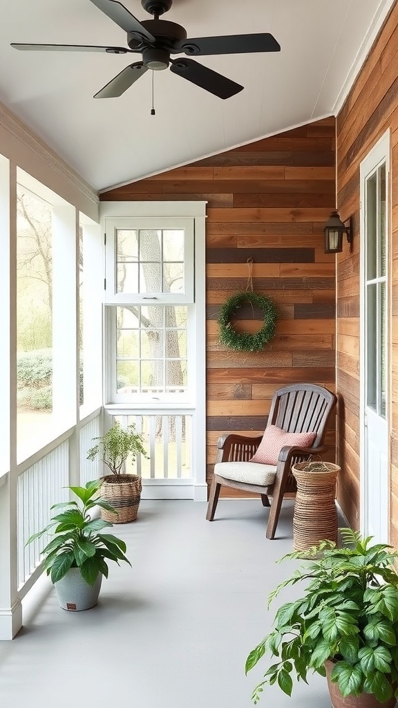 A cozy three-season porch featuring a reclaimed wood wall, plants, and comfortable seating.