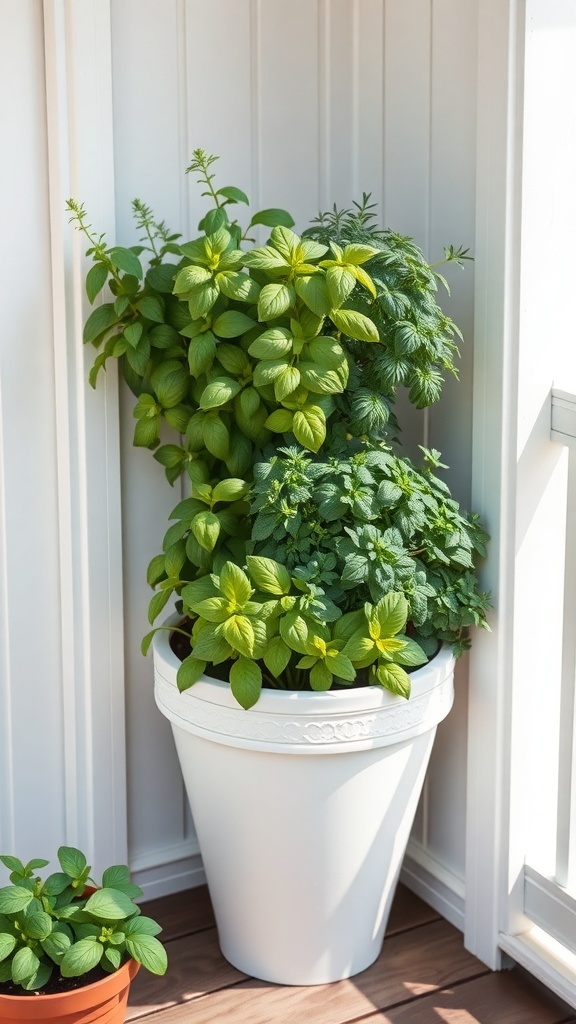 A vertical herb garden in a white planter filled with various green herbs, placed in a bright corner.