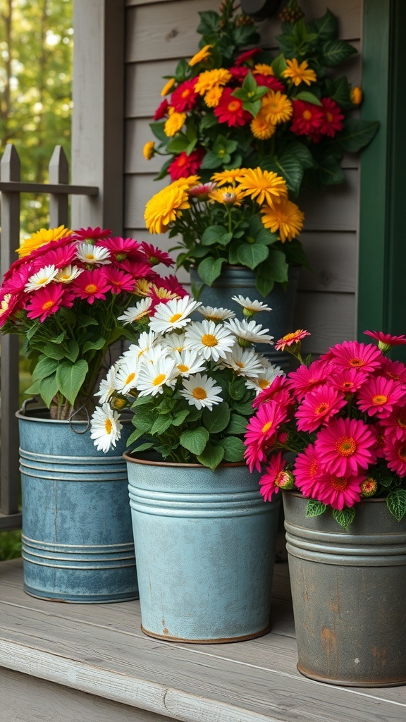Colorful flowers in rustic metal buckets on a porch