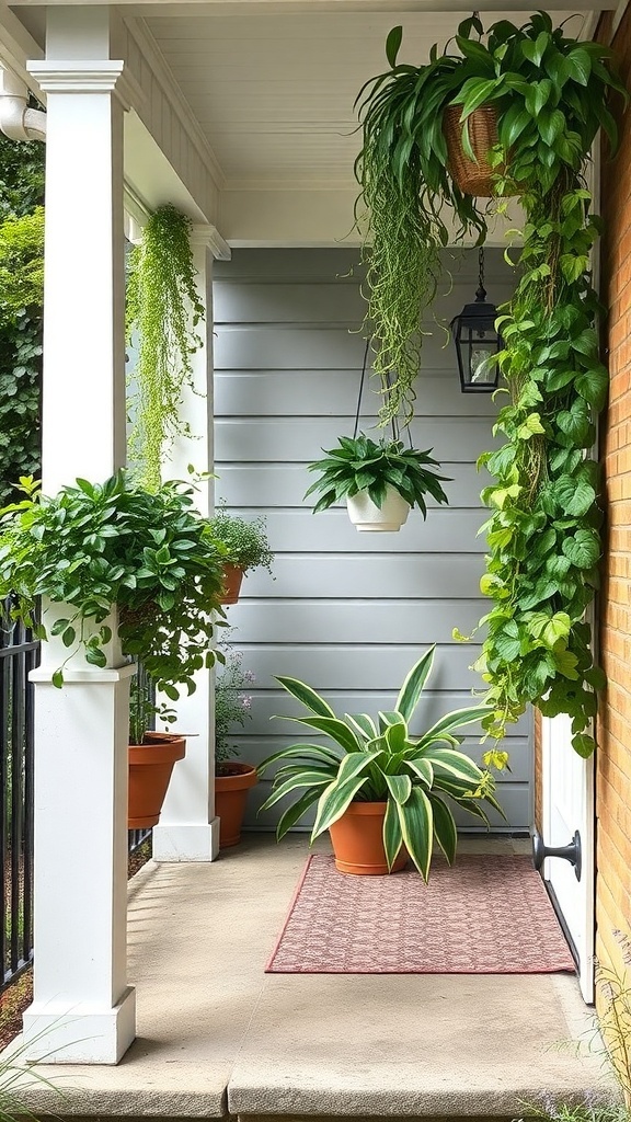 A small front porch featuring hanging plants and a potted plant, creating a lush and inviting atmosphere.