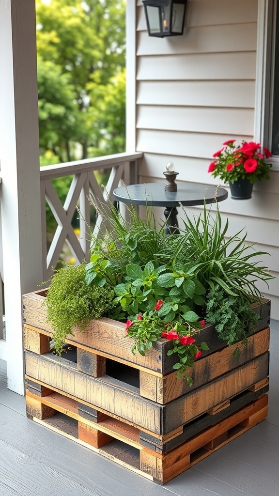 A wooden pallet planter filled with various plants on a porch.