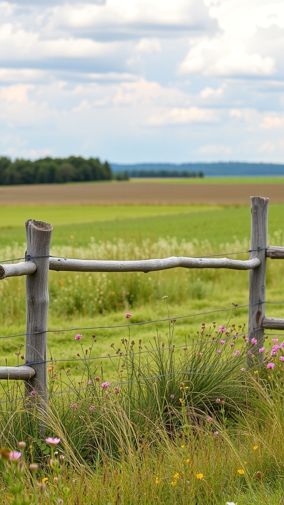 A rustic split rail fence in a green field with wildflowers