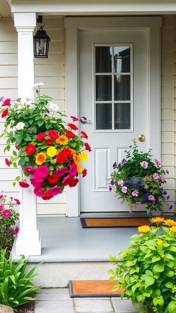 Colorful vertical garden planters with flowers on a front porch