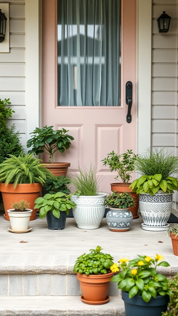 A variety of potted herbs on a front porch, showcasing different pot designs and lush greenery.