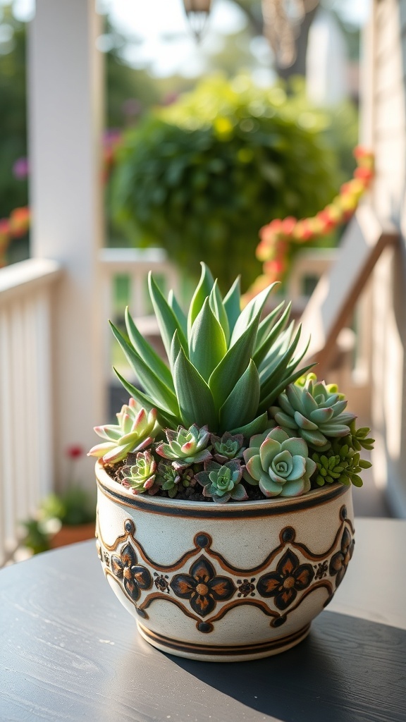 A decorative pot filled with various succulents on a porch.