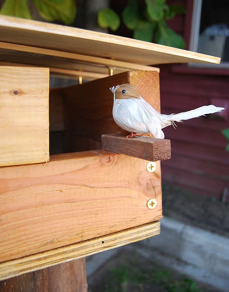 Mid century modern cedar birdhouse with a dramatic slanted roof and clean lines.