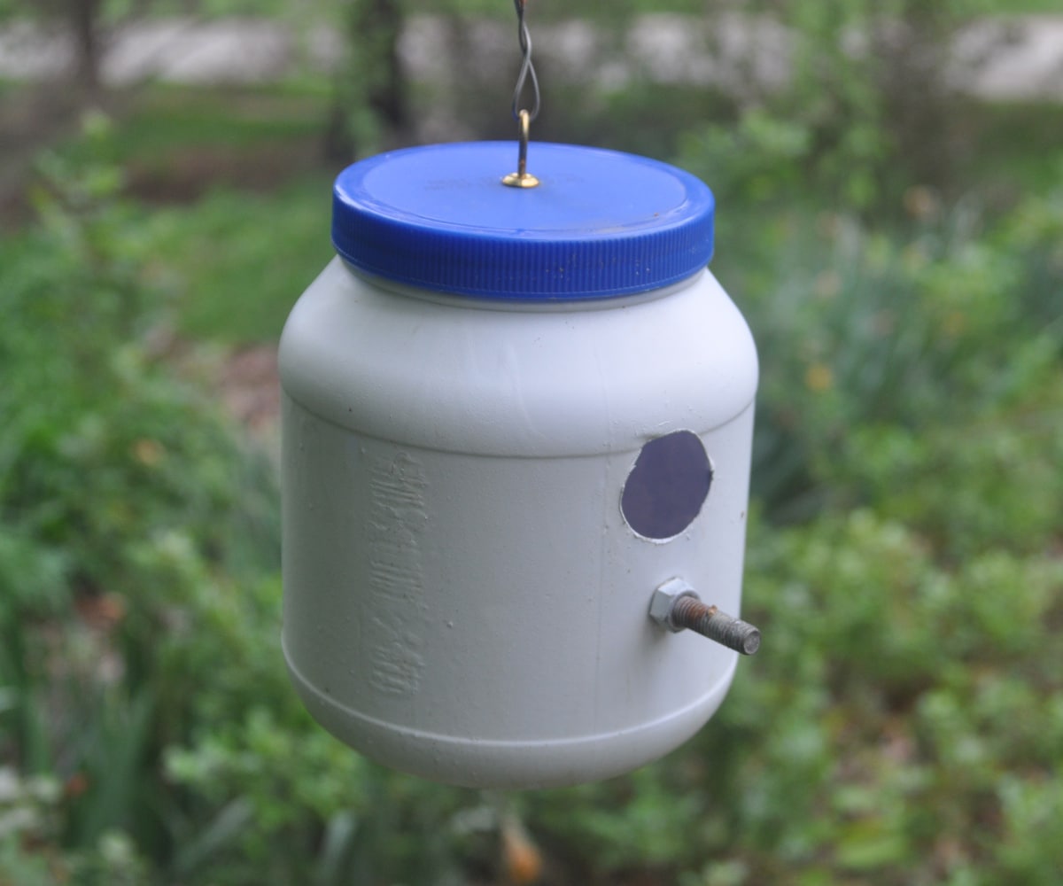 Hand painted gourd birdhouses hanging from cords with organic shapes.