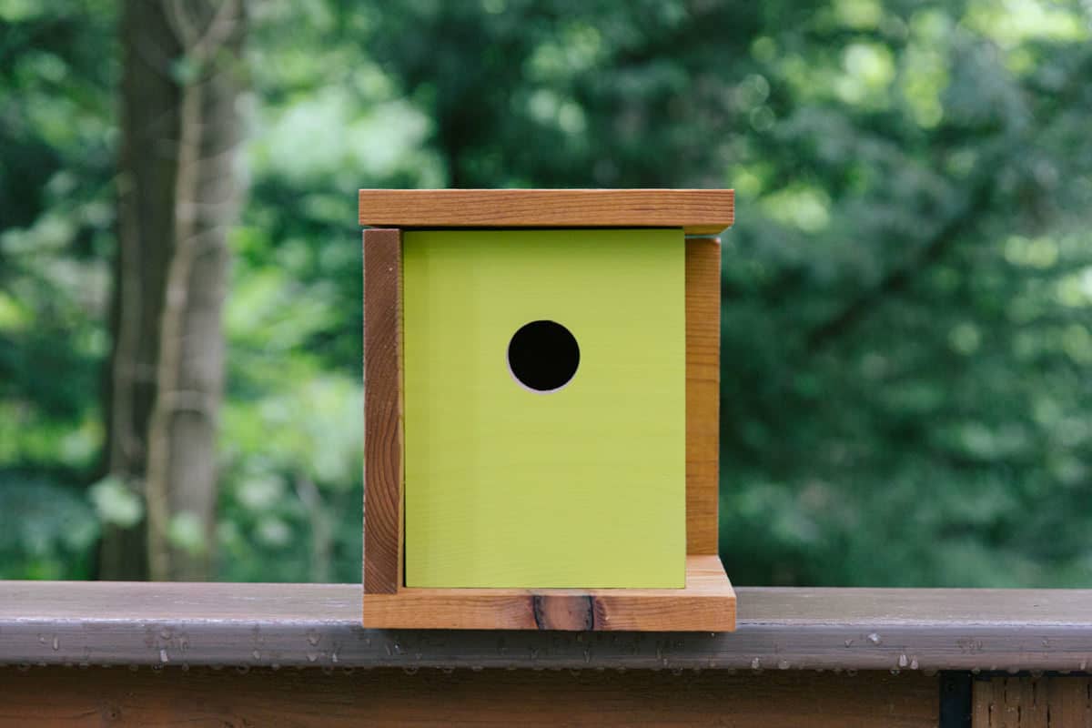 Modern cedar birdhouse with a slanted roof and a small side window.