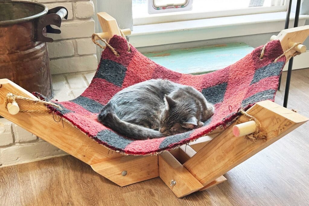 Rustic buffalo plaid wood frame cat hammock