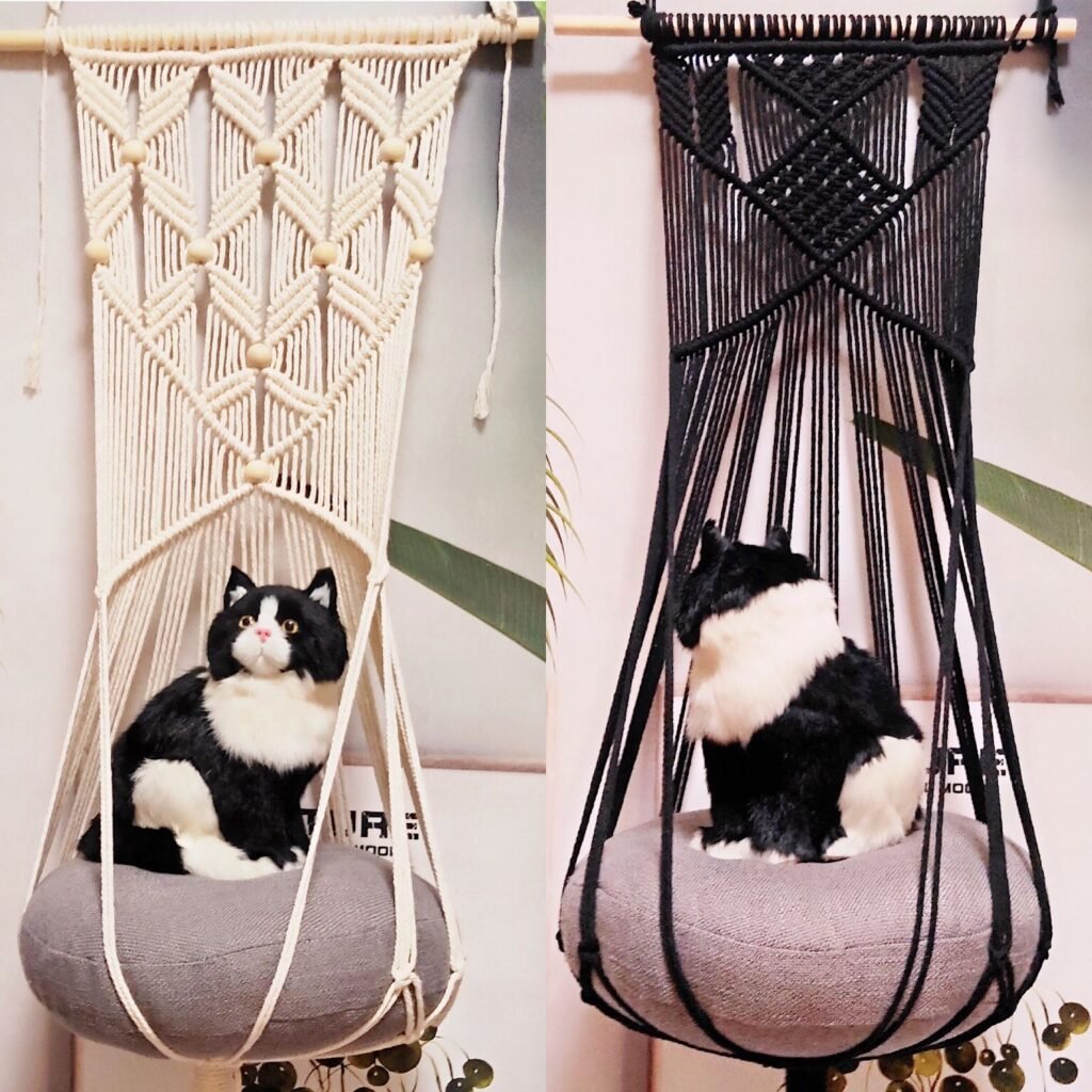Geometric macramé wall hanging cat hammock
