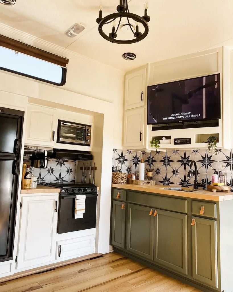 RV kitchen with bold patterned backsplash