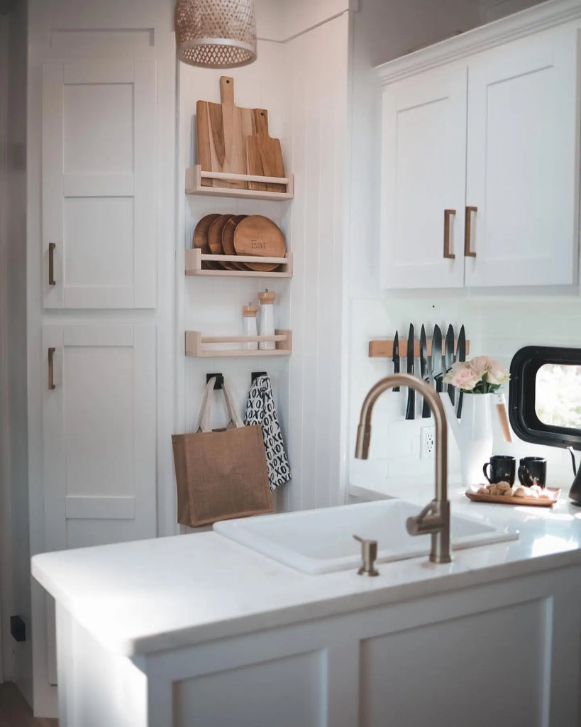 Charming RV kitchen with open shelving