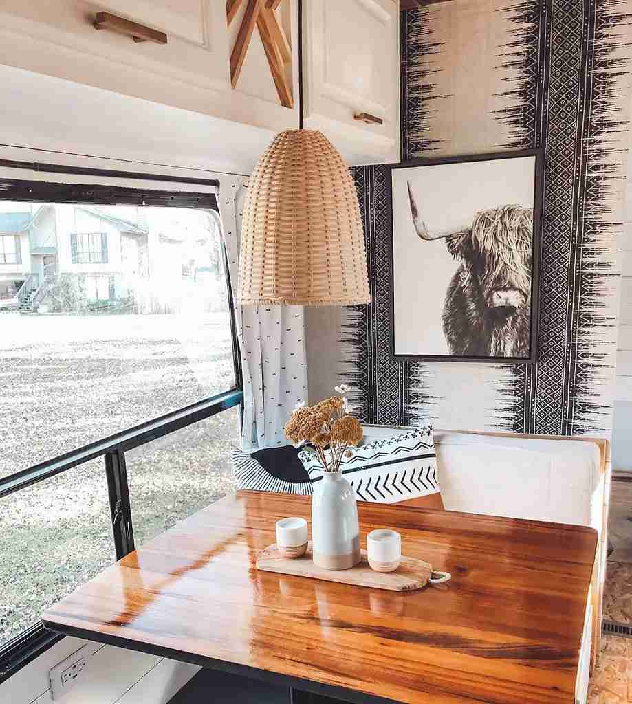 RV dining nook with high contrast wallpaper