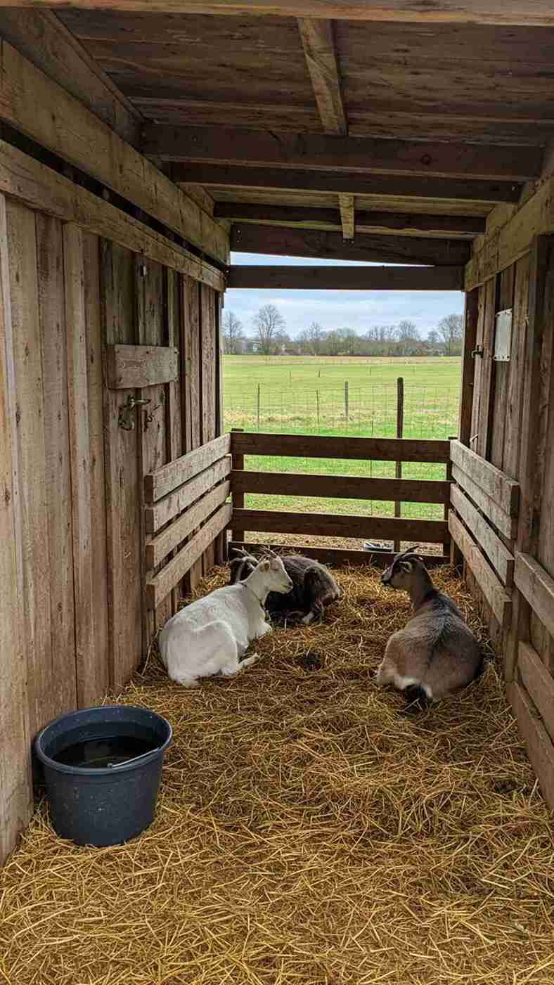 Tall wooden goat shelter with deep straw bedding and open front view to pasture