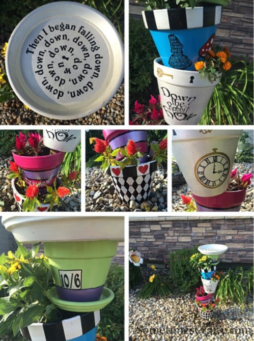 Whimsical Alice in Wonderland stacked terracotta pot birdbath