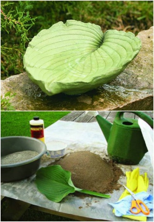 Rustic concrete hosta leaf casting DIY birdbath