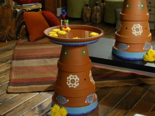 Patterned terracotta pot pedestal DIY birdbath