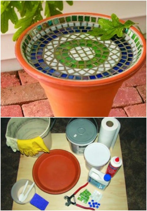 Colorful geometric mosaic saucer DIY birdbath