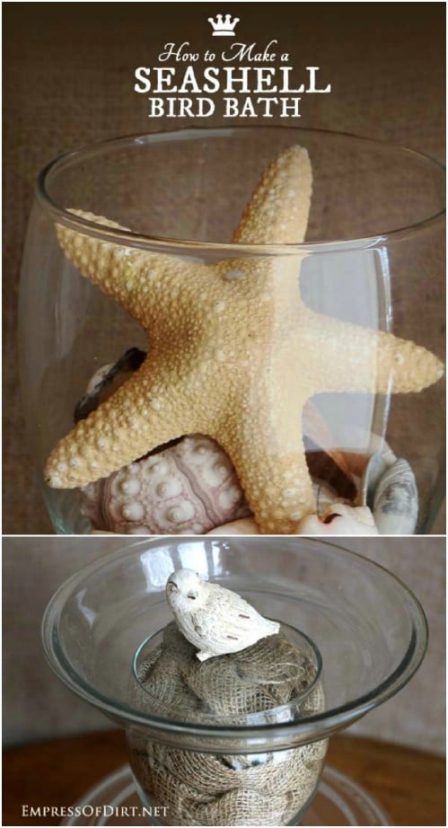 Coastal seashell and starfish glass DIY birdbath