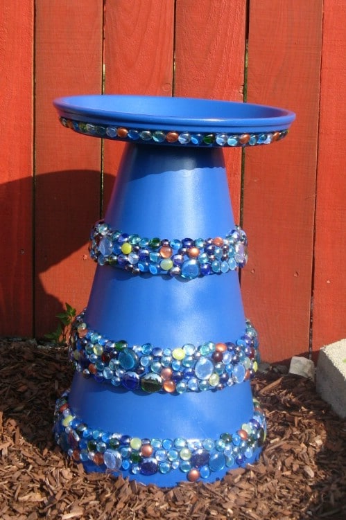 Sparkly blue gemstone terracotta DIY birdbath