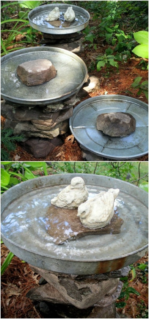 Minimalist stacked stone trays DIY birdbath