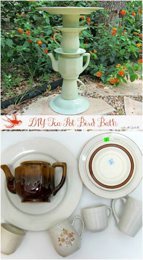 Whimsical sage teacup tower DIY birdbath