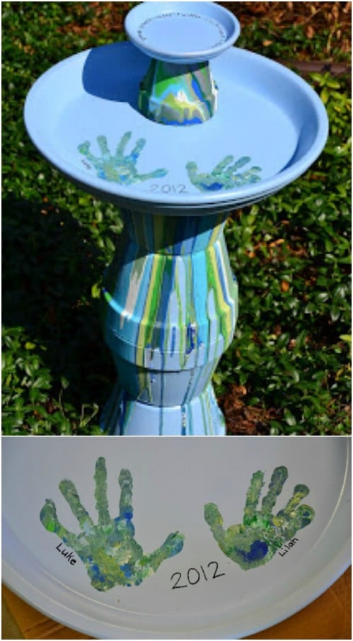 Drip painted handprint keepsake DIY birdbath