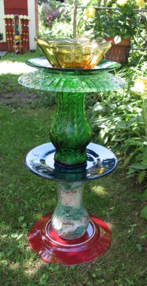 Tiered glass plate totem DIY birdbath