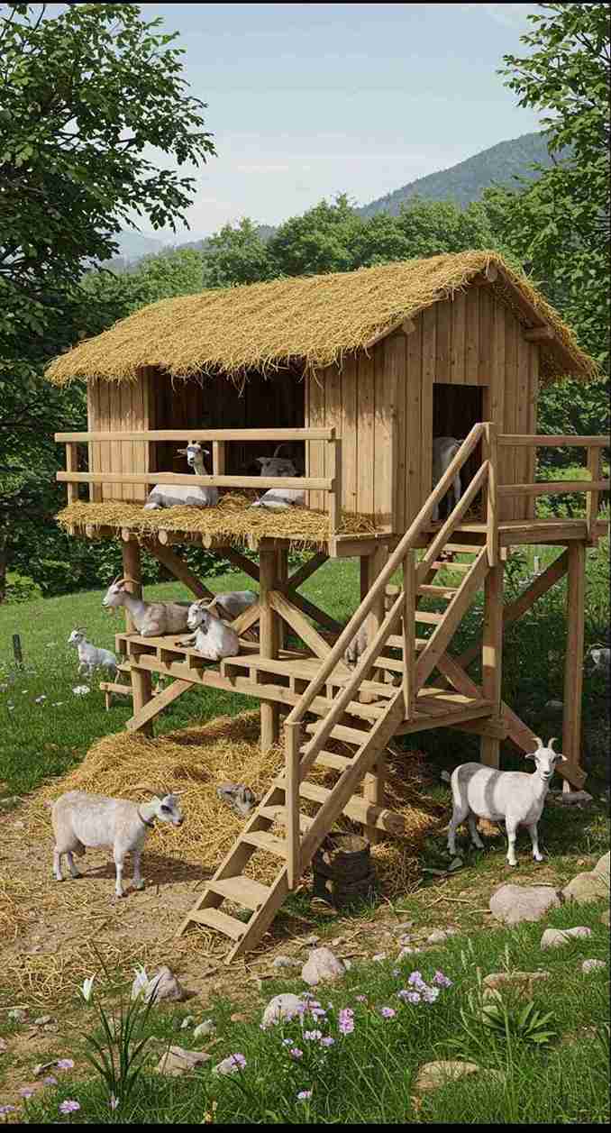 Two story elevated goat house with stairs, balcony, and thatched roof