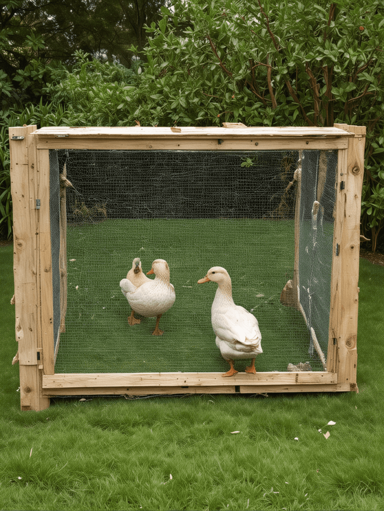 Minimalist wooden duck run frame wrapped in fine wire mesh on a green lawn