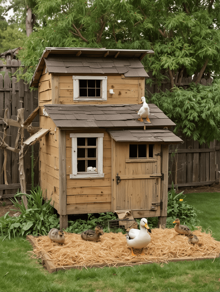 Multi level wooden duck cottage with shingled roof, small windows, and straw lounging area