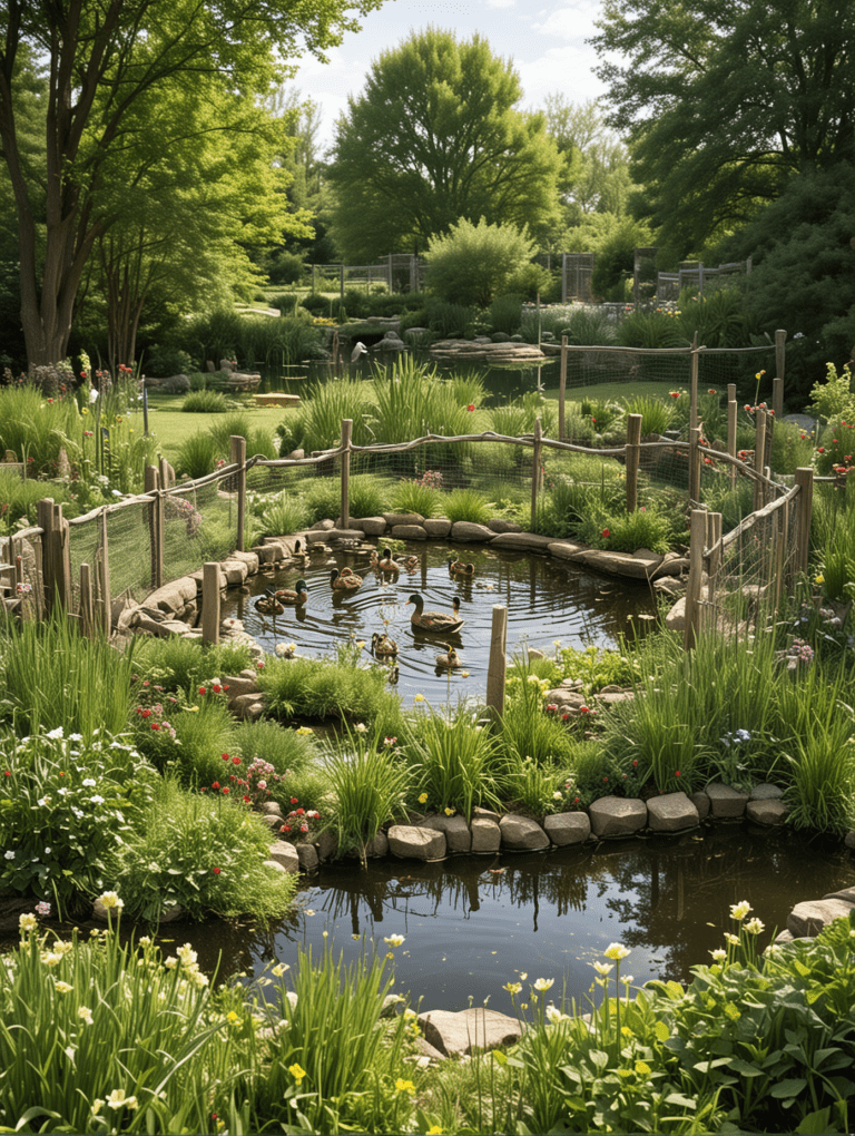 Duck enclosure around a stone lined pond with low natural branch fencing and tall grasses