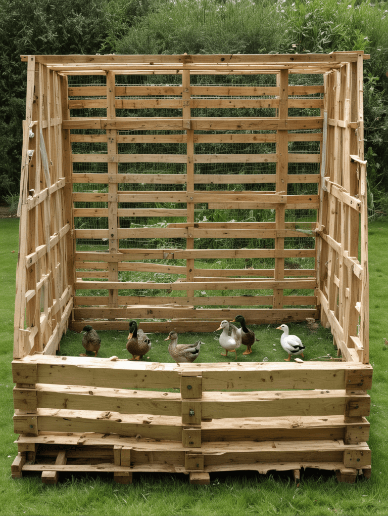 Tall duck enclosure made from reclaimed pallet slats with airflow friendly spacing