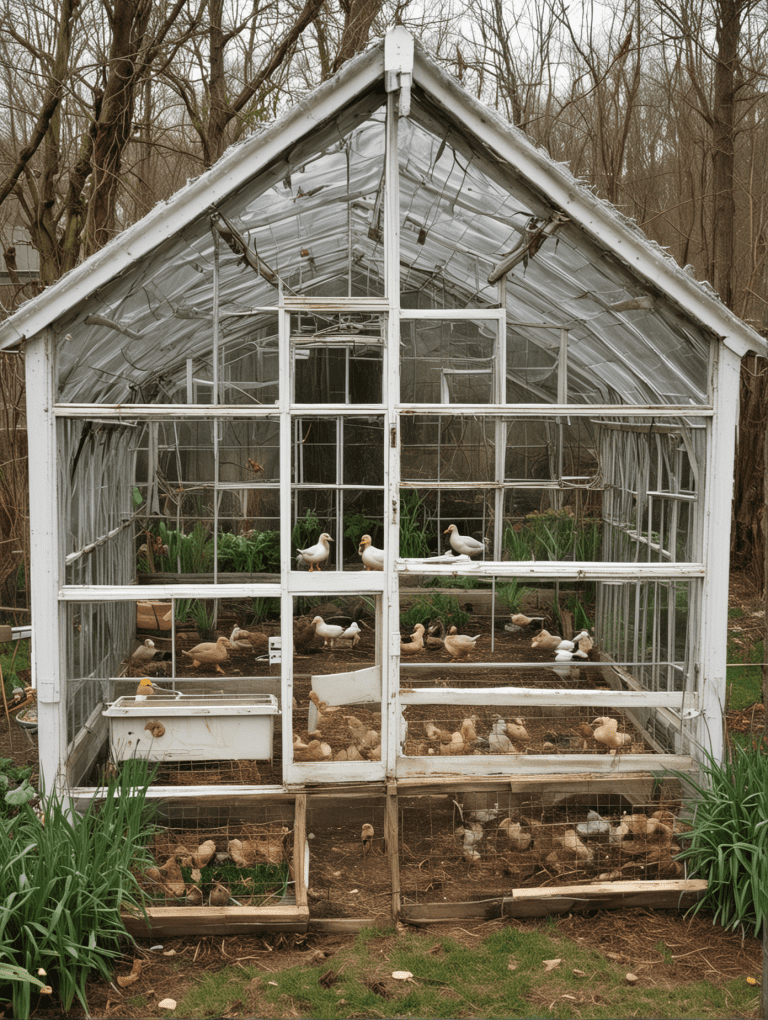 White framed glass house style duck enclosure filled with light and greenery