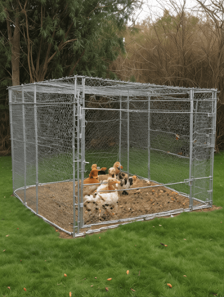 Secure chain link duck run enclosure with galvanized steel fencing on grass