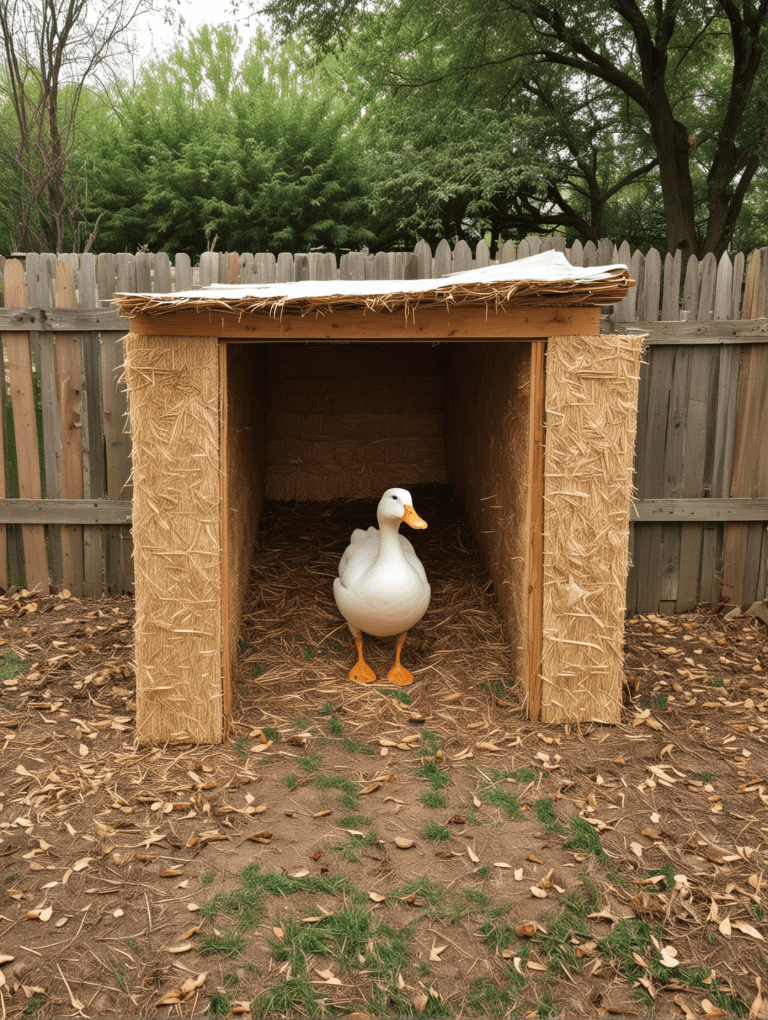 Rectangular duck shelter wrapped in straw for insulation and rustic texture