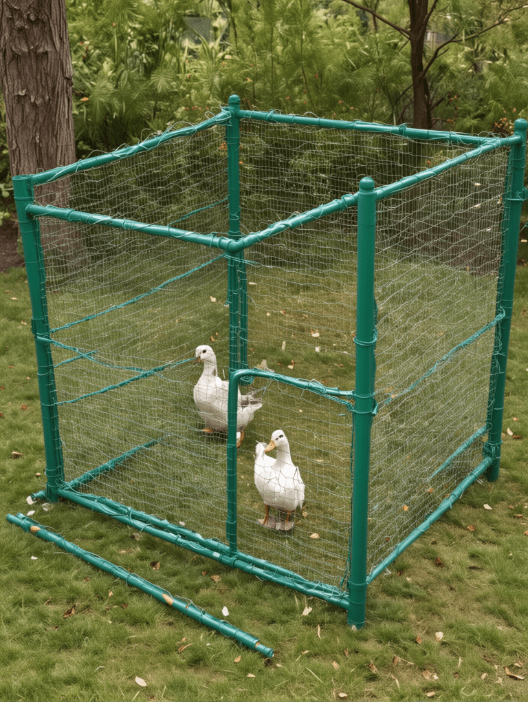 Minimalist A frame duck enclosure made from wooden triangles and wire mesh on grass