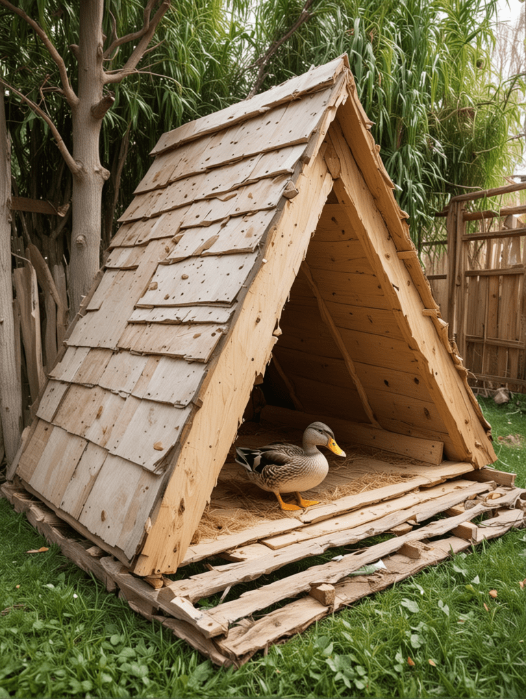 Duck enclosure with tall walls made from vertical reclaimed pallet slats