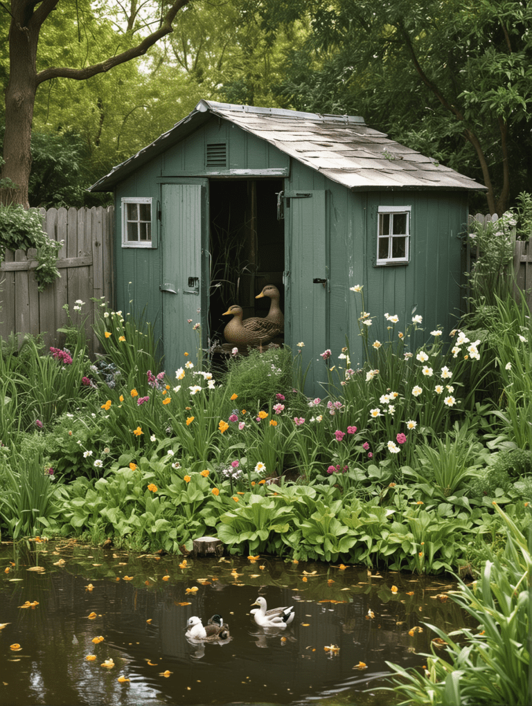Two story duck house with enclosed upper sleeping area and shaded mesh run below with ramp